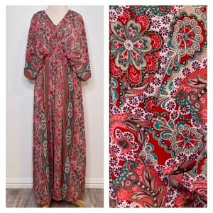 boemo Paisley Boho Maxi Dress Size M Red Pink Blue Kimono Sleeve V Neck Kaftan